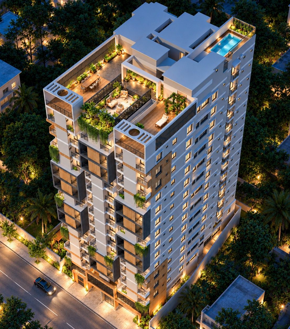 Aerial 3D render of Humaira Palace showing the rooftop pool, garden and seating